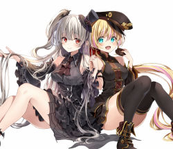 Rule 34 | 2girls, aqua eyes, arm strap, ascot, black ascot, black dress, black footwear, black headwear, black legwear, black shirt, black skirt, black sleeves, blonde hair, blouse, boots, collared dress, detached sleeves, dress, food, frilled dress, frilled sleeves, frills, grey hair, hand in own hair, hat, holding, holding food, holding hands, interlocked fingers, kakao rantan, long hair, mini hat, mini top hat, miniskirt, multiple girls, one side up, original, peaked cap, pleated skirt, ponytail, red eyes, scarum (kakao rantan), shirt, side-by-side, simple background, skirt, sleeveless, sleeveless dress, sleeveless shirt, sugar (kakao rantan), thighhighs, tilted headwear, top hat, very long hair, white background, white sleeves