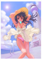 Rule 34 | 1girl, armpits, arms up, breasts, cleavage, clothes lift, cloud, day, dress, dress lift, food, hand on headwear, hat, highres, holding, holding clothes, holding hat, lens flare, lighthouse, long hair, medium breasts, mouth hold, ocean, original, panties, pantyshot, popsicle, purple eyes, purple hair, saitani umetarou, sky, solo, striped clothes, striped panties, sun, sun hat, sundress, thigh gap, underwear, wind, wind lift