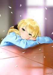 Rule 34 | 1girl, blonde hair, blurry, blush, cherry blossoms, closed mouth, depth of field, ellen baker, green eyes, hair ornament, hair scrunchie, highres, jacket, long hair, looking at viewer, new horizon, petals, ponytail, scrunchie, smile, solo, swept bangs, yaman (yamanta lov)