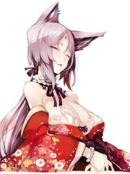 Rule 34 | 1girl, animal ears, bare shoulders, bra, bracelet, breasts, closed mouth, commentary request, detached collar, closed eyes, facial mark, forehead mark, fox ears, japanese clothes, jewelry, kimono, large breasts, long hair, long sleeves, neck ribbon, off shoulder, original, pearl bracelet, purple hair, purple ribbon, ribbon, short eyebrows, shunsei (muratou), simple background, smile, solo, underwear, upper body, white background, white bra, wide sleeves