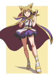 Rule 34 | 1girl, bare legs, breasts, cape, contrapposto, earmuffs, full body, gold trim, gyouza (mhea5724), hands up, highres, holding, holding stick, light blush, light brown hair, open mouth, pointy hair, ritual baton, shadow, short hair, simple background, small breasts, solo, standing, stick, touhou, toyosatomimi no miko, two-handed, yellow background, yellow eyes