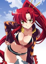 Rule 34 | 00s, 1girl, belt, bikini, bikini top only, blush, boots, breasts squeezed together, breasts, cleavage, cloud, contrapposto, cropped jacket, day, hand on own hip, izumi mahiru, jacket, large breasts, leaning forward, long hair, ponytail, red hair, short shorts, shorts, solo, studded belt, swimsuit, tengen toppa gurren lagann, thigh boots, thighhighs, yellow eyes, yoko littner