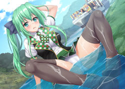 Rule 34 | 1girl, aqua eyes, black pantyhose, black thighhighs, black vest, breasts, brown thighhighs, cameltoe, canal, cloud, denhijou niki, dutch angle, ever given (evergreen), evergreen marine corporation, full body, giant, giantess, green eyes, green hair, green skirt, highres, loafers, long hair, miniskirt, outdoors, panties, pantyhose, pantyshot, partially submerged, personification, pleated skirt, ponytail, ship, shipping container, shoes, sidelocks, sitting, skirt, sky, small breasts, solo, thighhighs, underwear, vest, watercraft, white panties