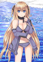 Rule 34 | 1girl, bare shoulders, black ribbon, blonde hair, blue eyes, blue sleeves, breasts, cleavage, collarbone, commentary request, cube, detached sleeves, finger to mouth, hair between eyes, hair ribbon, long hair, long sleeves, looking at viewer, medium breasts, navel, original, parted lips, revision, ribbon, sleeves past wrists, solo, standing, tukino neru, two side up, very long hair, water