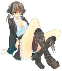 Rule 34 | 10mo, 1girl, aqua eyes, black socks, boots, bow, breasts, brown hair, cleavage, cross-laced footwear, frown, full body, hair bow, highres, jacket, lace-up boots, medium breasts, plaid, plaid skirt, school uniform, seitokai no ichizon, shiina minatsu, simple background, skirt, socks, solo, twintails, white background