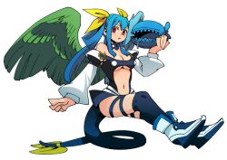 Rule 34 | 1girl, angel wings, asymmetrical wings, blue hair, blush, breasts, center opening, cleavage, dizzy (guilty gear), full body, guilty gear, guilty gear x, guilty gear xx, hair ribbon, hounori, large breasts, long hair, looking at viewer, navel, open mouth, red eyes, ribbon, simple background, solo, tail, tail ornament, tail ribbon, thighhighs, twintails, underboob, white background, wings, yellow ribbon