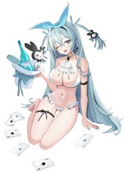 Rule 34 | 1girl, ;d, absurdres, ace (playing card), ace of clubs, ace of diamonds, ace of hearts, ace of spades, bare shoulders, bikini, black survival, blue eyes, blue hair, braid, breasts, card, choker, cleavage, club (shape), diamond (shape), emma hardy, eternal return: black survival, fakey, frilled bikini, frills, hair ribbon, halterneck, hat, heart, highres, holding, large breasts, long hair, looking at viewer, navel, one eye closed, open mouth, playing card, ribbon, smile, solo, spade (shape), stomach, string bikini, swimsuit, thigh gap, thigh strap, thighs, top hat, twin braids, very long hair, white bikini, white choker