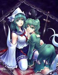 Rule 34 | 2girls, all fours, alternate costume, ascot, ass, bent over, breasts, chain, detached sleeves, dress, female focus, ghost, ghost tail, green dress, green eyes, green hair, hand on another&#039;s chest, hat, kneeling, koto tsubane, mima (touhou), multiple girls, multiple tails, on floor, sailor, short hair, soga no tojiko, sword, tail, tate eboshi, thighhighs, touhou, touhou (pc-98), weapon, white legwear