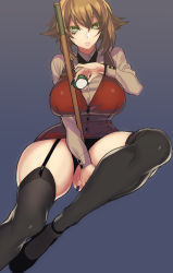 Rule 34 | 10s, 1girl, bad id, bad pixiv id, ball, billiard ball, black panties, black thighhighs, blue background, blue nails, breasts, brown hair, cue stick, curvy, female focus, garter straps, highres, hohehohe, huge breasts, kantai collection, looking at viewer, mutsu (kancolle), nail polish, panties, pantyshot, parted lips, short hair, simple background, sitting, solo, thick thighs, thighhighs, thighs, underwear, wide hips, yellow eyes