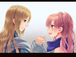 Rule 34 | 1girl, androgynous, blonde hair, blue eyes, blush, fire emblem, fire emblem: the blazing blade, gloves, holding hands, kiyuu, letterboxed, lucius (fire emblem), nintendo, open mouth, own hands together, pink hair, purple eyes, serra (fire emblem), smile, tears, twintails, white gloves
