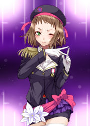 Rule 34 | 10s, 1girl, ;), beret, bow, brown hair, epaulettes, gloves, green eyes, hat, idol, kira tsubasa, looking at viewer, love live!, love live! school idol project, one eye closed, ribbon, short hair, simon (n.s craft), smile, solo, thighhighs, uniform, white gloves, white thighhighs, wink