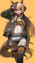 Rule 34 | 1girl, :d, animal ears, arm up, belt, black belt, black jacket, blush, brown eyes, brown hair, commentary, cowboy shot, crop top, grey shorts, hair between eyes, highres, horse ears, horse tail, jacket, long hair, long sleeves, looking at viewer, mayano top gun (umamusume), midriff, navel, nsb36046 (na), open clothes, open jacket, open mouth, salute, shirt, short shorts, shorts, simple background, smile, solo, standing, stomach, tail, thighhighs, two side up, umamusume, very long hair, yellow background, yellow shirt