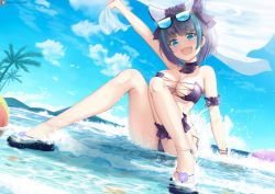 Rule 34 | 1girl, :d, areola slip, arm up, armlet, armpits, ass, azur lane, bikini, black bikini, black hair, blue eyes, blue sky, blunt bangs, breasts, cheshire (azur lane), cheshire (summery date!) (azur lane), cleavage, cloud, cloudy sky, coconut tree, commentary request, eyewear on head, fabric, holding, in water, joko jmc, knees together feet apart, large breasts, looking at viewer, midriff, mountainous horizon, multicolored hair, ocean, official alternate costume, open mouth, palm tree, reflection, short hair, side-tie bikini bottom, sidelocks, sitting, sky, smile, solo, streaked hair, sunglasses, swimsuit, thighlet, tree, two-tone hair