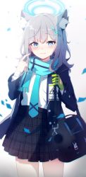 Rule 34 | 1girl, absurdres, animal ear fluff, animal ears, bag, blue archive, blue necktie, blue scarf, cross hair ornament, gloves, green gloves, hair ornament, halo, highres, id card, liyom, mismatched pupils, necktie, pointing, pointing at self, scarf, school uniform, shiroko (blue archive), single glove, solo