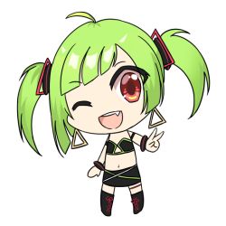 Rule 34 | 1girl, ahoge, chibi, chiem, delutaya, diagonal bangs, earrings, fang, gold earrings, green hair, indie virtual youtuber, jewelry, miniskirt, navel, red eyes, skirt, solo, third-party source, transparent background, triangle earrings, triangle hair ornament, twintails, utaite, virtual youtuber