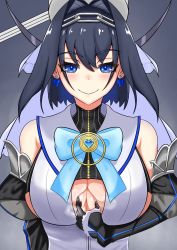 Rule 34 | 1girl,  deuce, black gloves, black hair, blue eyes, blue hair, blush, bow, bowtie, breasts, chain, cleavage, cleavage cutout, closed mouth, clothing cutout, colored inner hair, commentary, detached collar, detached sleeves, earrings, english commentary, gloves, hair intakes, hairband, halo, highres, hololive, hololive english, jewelry, large breasts, looking at viewer, multicolored hair, neck ribbon, nose blush, ouro kronii, ouro kronii (1st costume), paizuri invitation, ribbon, sexually suggestive, short hair, smile, solo, upper body, veil, virtual youtuber