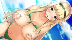 Rule 34 | 1girl, areola slip, bikini, bikini top lift, blonde hair, blunt bangs, blush, breasts, clothes lift, cloud, collarbone, covering privates, covering nipples, cowboy shot, day, dutch angle, elf, eyebrows, front-tie bikini top, front-tie top, game cg, gluteal fold, green bikini, green eyes, hair over breasts, hairband, large breasts, long hair, nakamura yukitoshi, navel, outdoors, pointy ears, sengo muramasa, sidelocks, sky, solo, swimsuit, wavy mouth