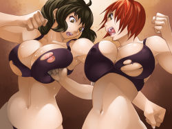 Rule 34 | 2girls, angry, armpits, bare shoulders, boob punch, bouncing breasts, breast press, breasts, brown eyes, brown hair, catfight, fighting, fighting stance, futa with futa, futanari, huge breasts, multiple girls, nipple slip, nipples, open mouth, original, punching, red hair, remora works, screaming, short hair, skindentation, surprised, sweat, torigoe takumi, torn clothes, wrestling