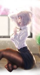 Rule 34 | 1girl, absurdres, ahoge, alternate costume, black pantyhose, black skirt, bra visible through clothes, breasts, contemporary, fate/grand order, fate (series), feet, foot out of frame, grey hair, highres, jeanne d&#039;arc alter (fate), large breasts, no shoes, on floor, pantyhose, pencil skirt, penguintake, profile, shirt, sitting, skirt, soles, solo, sunlight, toes, untied ribbon, white shirt, wooden floor