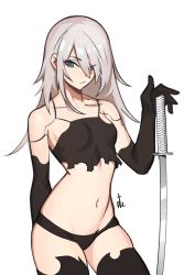 Rule 34 | 1girl, android, black gloves, black panties, black thighhighs, blue eyes, breasts, closed mouth, distr, elbow gloves, gloves, grey hair, highres, holding, holding sword, holding weapon, joints, katana, long hair, looking at viewer, navel, nier (series), nier:automata, panties, robot joints, simple background, small breasts, solo, sword, thighhighs, underwear, weapon, white background, a2 (nier:automata)