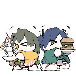 Rule 34 | &gt; &lt;, 2girls, beef, blue hair, blue hakama, bread, brown hair, burger, cheese, cherry, chibi, commentary request, cup, closed eyes, flight deck, food, fruit, green hakama, green kimono, hair ribbon, hakama, hiryuu (kancolle), holding, ice cream, japanese clothes, kantai collection, kimono, medium hair, multiple girls, no mouth, one side up, plate, ribbon, sandals, short hair, simple background, souryuu (kancolle), sundae, task (s task80), twintails, white background, white footwear, white ribbon, yellow kimono