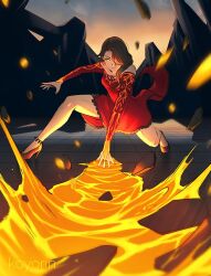 Rule 34 | 1girl, artist name, bare shoulders, black footwear, black hair, cinder fall, dress, evil smile, fire, full body, hair over one eye, high heels, lava, long hair, looking at viewer, nail polish, off-shoulder dress, off shoulder, official art, red dress, red nails, rwby, smile, solo, yellow eyes