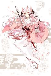 Rule 34 | 1girl, absurdres, bad id, bad pixiv id, bandaged arm, bandages, blood, blood splatter, bloody weapon, cherry blossoms, floral background, full body, highres, holding, holding sword, holding weapon, horns, japanese clothes, katana, kimono, legs together, long hair, looking at viewer, miyuki (miyuki 05290), multicolored hair, obi, oni, oni horns, original, parted lips, pink hair, red eyes, sandals, sash, silver hair, solo, sword, tabi, two-tone hair, wavy hair, weapon, white background, white kimono, white legwear