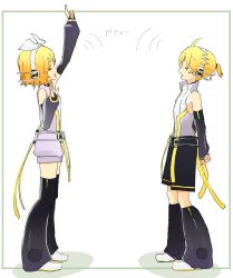Rule 34 | 1boy, 1girl, ahoge, arm up, arms behind back, bare shoulders, belt, black legwear, black shorts, black sleeves, blonde hair, bow, closed eyes, commentary, d futagosaikyou, detached sleeves, facing another, from side, full body, grey shirt, hair bow, hair ornament, hairclip, headphones, highres, index finger raised, kagamine len, kagamine len (append), kagamine rin, kagamine rin (append), leg warmers, music, open mouth, shadow, shirt, short hair, short ponytail, shorts, singing, sleeveless, sleeveless shirt, spiked hair, swept bangs, vocaloid, vocaloid append, white background, white bow, white footwear