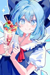 Rule 34 | 1girl, blue bow, blue dress, blue eyes, blue hair, blush, bow, cirno, cirno day, closed mouth, detached wings, dress, fairy, food, hair between eyes, hair bow, highres, holding, holding spoon, ice, ice wings, looking at viewer, parfait, puffy short sleeves, puffy sleeves, sarukana, shirt, short hair, short sleeves, smile, solo, sparkle, spoon, tongue, tongue out, touhou, upper body, white shirt, wings