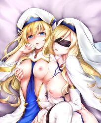 Rule 34 | 2girls, black blindfold, blindfold, blonde hair, blue eyes, blush, breasts, covered eyes, dress, goblin slayer!, habit, jewelry, large breasts, long hair, looking at viewer, medium breasts, multicolored clothes, multicolored headwear, multiple girls, necklace, nipples, open clothes, open mouth, plume, priestess, priestess (goblin slayer!), rei kun, sword maiden, thighhighs, white dress, white headwear, white thighhighs, yuri