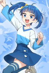 Rule 34 | 1girl, :d, ahoge, arm up, blue eyes, blue hair, blue skirt, blue theme, bow, brown footwear, commentary request, hair bow, highres, hirogaru sky! precure, long sleeves, looking at viewer, open mouth, outstretched arm, precure, shirt, shoes, side ponytail, skirt, smile, solo, somechime (sometime1209), sora harewataru, teeth, upper teeth only, white shirt, yellow bow