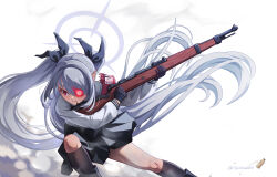 Rule 34 | 1girl, absurdly long hair, black footwear, black gloves, black ribbon, black skirt, black socks, blue archive, bolt action, floating hair, gloves, glowing, glowing eye, grey hair, gun, hair over one eye, hair ribbon, highres, holding, holding gun, holding weapon, iori (blue archive), kneehighs, long hair, long sleeves, looking down, looking to the side, mauser 98, outstretched leg, pleated skirt, red eyes, reloading, ribbon, rifle, shell casing, shirakawafel, shirt, skirt, smoke, socks, solo, squatting, twintails, twitter username, very long hair, weapon, white background, white shirt