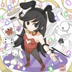 Rule 34 | 1girl, :&lt;, alternate costume, alternate eye color, animal, animal ears, ashley (warioware), bare shoulders, bird, black eyes, black hair, black hairband, black hat, black pantyhose, blush, bow, bowtie, breasts, cane, card, cleavage cutout, closed mouth, clothing cutout, collar, commentary request, confetti, detached collar, diamond (shape), dove, fake animal ears, feathers, flying, foreshortening, from above, full body, hair down, hairband, hat, heart, high heels, koikawa hayato, leotard, long hair, looking at viewer, mini hat, mini top hat, nintendo, outstretched arm, pantyhose, playboy bunny, playing card, rabbit ears, red (warioware), red collar, red footwear, red leotard, shoes, sidelocks, small breasts, solo, spade (shape), standing, stuffed animal, stuffed rabbit, stuffed toy, top hat, very long hair, warioware, white hat, wrist cuffs, yellow bow, yellow bowtie