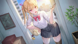 Rule 34 | absurdres, backpack, bag, blonde hair, blue skirt, bow, braid, cellphone, cityscape, doorway, dress shirt, fang, hair ribbon, highres, open mouth, original, phone, pleated skirt, red bow, red eyes, red ribbon, ribbon, school uniform, shirt, skirt, thighhighs, twintails, white shirt, yjs0803123