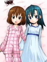 Rule 34 | 00s, 2girls, :d, beetle, blue hair, blush, brown hair, bug, character request, dress, female focus, insect, kokekokko coma, looking at viewer, lying, multiple girls, on back, on bed, open mouth, oshare majo love and berry, pajamas, plaid, smile