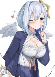 Rule 34 | 1girl, absurdres, alternate breast size, amane kanata, black jacket, black skirt, blazer, blue eyes, breasts, camisole, chibi, cleavage, collared shirt, crystal shoujo, dreaming, dress shirt, finger to mouth, grey hair, halo, heart, highres, hololive, index finger raised, jacket, large breasts, long sleeves, looking at viewer, multicolored hair, multiple tails, one eye closed, open clothes, open jacket, open shirt, pleated skirt, purple hair, shirt, short hair, shushing, simple background, skirt, sleeping, tail, two-tone hair, upper body, virtual youtuber, white background, white shirt, wing collar, zzz