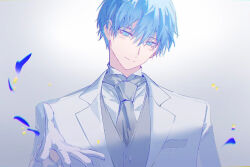 Rule 34 | 1boy, beckoning, blue eyes, byuey, closed mouth, formal, gloves, grey necktie, grey vest, groom, hand up, himmel (sousou no frieren), jacket, looking at viewer, male focus, mole, mole under eye, necktie, petals, reaching, reaching towards viewer, shirt, smile, solo, sousou no frieren, suit, upper body, vest, wedding, white background, white gloves, white jacket, white shirt, white suit, wing collar