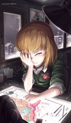 Rule 34 | 10s, 1girl, absurdres, alternate costume, building, check commentary, closed mouth, commentary, commentary request, crying, cyrillic, day, digital media player, drawing (object), dress shirt, emblem, face in hands, frown, girls und panzer, green sweater, hand on own face, helmet, highres, holding, huira444, indoors, katyusha (girls und panzer), korean text, lamp, map, night, nonna (girls und panzer), pencil, pravda (emblem), red shirt, russian text, sad, shirt, short hair, sitting, sleeves rolled up, snow, solo, sweater, tank helmet, tears, translation request, twitter username, wavy mouth, white shirt