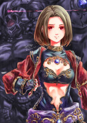 Rule 34 | 1girl, 2021, 3:, adventurer (ff11), artist name, blue gemstone, breasts, brown hair, cleavage, cleavage cutout, closed mouth, clothing cutout, commentary request, cropped jacket, dated, final fantasy, final fantasy xi, fingerless gloves, gem, gloves, gold, gold trim, hair intakes, highres, hume, jacket, long sleeves, medium breasts, morere, navel, navel cutout, open clothes, open jacket, pink lips, purple sash, red eyes, red gemstone, red jacket, sash, short hair, signature, solo, twitter username, ultima (ff11)