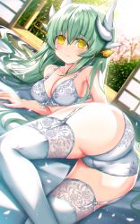 Rule 34 | 1girl, aqua hair, ass, bra, breasts, cleavage, collarbone, dragon girl, dragon horns, fate/grand order, fate (series), garter belt, garter straps, highres, horns, kiyohime (fate), large breasts, lingerie, long hair, looking at viewer, morizono shiki, multiple horns, panties, ponytail, smile, solo, thighhighs, underwear, underwear only, white bra, white panties, white thighhighs, yellow eyes