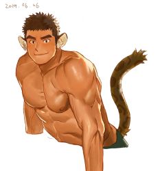 Rule 34 | 1boy, abs, animal ears, bara, blush, character request, cropped legs, gimseonghoe, jaguar ears, jaguar tail, large pectorals, looking at viewer, male focus, muscular, muscular male, nipples, pectorals, short hair, sideburns, simple background, smile, solo, stomach, tail, tokyo houkago summoners, underwear, underwear only, veins, world wrestler (housamo)