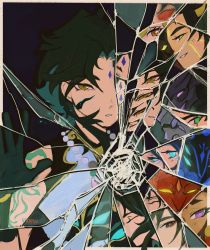 Rule 34 | absurdres, artist name, artist request, broken glass, broken mirror, character request, crying, genshin impact, glass, highres, looking at viewer, mirror, multiple boys, tagme, xiao (genshin impact)