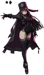 Rule 34 | 1girl, absurdres, black footwear, black gloves, black hair, black headwear, black jacket, black thighhighs, breasts, cape, full body, gloves, highres, jacket, long hair, medium breasts, original, purple eyes, rinotuna, shadow, shoes, simple background, smile, solo, standing, thighhighs, white background