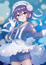 Rule 34 | 1girl, :d, asukaru (magika ru), blue dress, blush, bubble background, candy hair ornament, commission, double-parted bangs, dress, food-themed hair ornament, frilled skirt, frills, glasses, gloves, hair ornament, hidamari sketch, highres, looking at viewer, neck ribbon, open mouth, purple eyes, ribbon, sae (hidamari sketch), sailor collar, short hair, shorts, shorts under skirt, skirt, smile, solo, white gloves