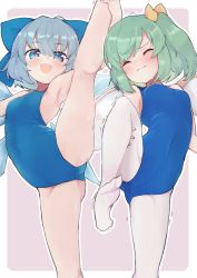 Rule 34 | alternate costume, armpits, bare legs, blue bow, blue eyes, blue hair, blue leotard, bow, cirno, commission, daiyousei, closed eyes, fairy wings, green hair, hair bow, highres, ice, ice wings, leotard, looking at viewer, pantyhose, pink background, short hair, simple background, skeb commission, smile, split, standing, standing on one leg, standing split, teranekosu, touhou, white legwear, wings, yellow bow