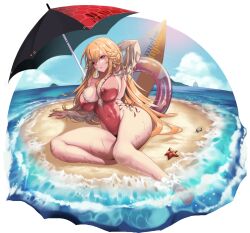 Rule 34 | 1girl, azur lane, backless swimsuit, beach, beach umbrella, breasts, commission, cross-laced clothes, cross-laced one-piece swimsuit, day, frilled one-piece swimsuit, frills, hand in own hair, highleg, highleg swimsuit, highres, large breasts, long hair, looking at viewer, mad kimo, official alternate costume, one-piece swimsuit, orange hair, outdoors, pink innertube, pink one-piece swimsuit, richelieu (azur lane), richelieu (fleuron of the waves) (azur lane), sand, solo, starfish, summer, swimsuit, umbrella, very long hair, water