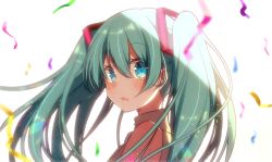 Rule 34 | 1girl, asagao minoru, blurry, confetti, depth of field, from side, green eyes, green hair, hair between eyes, hatsune miku, long hair, looking at viewer, open mouth, solo, twintails, upper body, vocaloid, white background