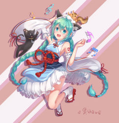 Rule 34 | 1girl, :d, absurdres, animal ears, arm up, blue eyes, blue hair, blush, braid, breasts, cat, cat ears, detached sleeves, floating hair, frilled skirt, frills, full body, hair between eyes, hand on own head, hat, hatsune miku, hatsune speed: hatsune miku roller skating music, highres, hiroshi taeru qwq, japanese clothes, kimono, legs up, long hair, long sleeves, musical note, open mouth, red ribbon, ribbon, ribbon-trimmed sleeves, ribbon trim, sideboob, skirt, sleeveless, sleeveless kimono, small breasts, smile, solo, twin braids, twintails, very long hair, vocaloid, white hat, white legwear, white skirt, white sleeves, wide sleeves