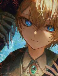 Rule 34 | 1boy, artist name, blonde hair, blue eyes, chest jewel, commentary, english commentary, highres, hoshino aquamarine, light smile, male focus, mismatched pupils, ookami ciro, oshi no ko, skeletal hand, solo, star-shaped pupils, star (symbol), star in eye, symbol-shaped pupils, symbol in eye