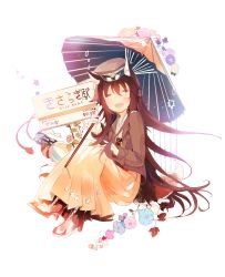 Rule 34 | 1girl, animal ears, bad id, bad pixiv id, brown hair, crying, flower, fox ears, fox tail, full body, hakama, hakama skirt, hat, highres, holding, japanese clothes, kirero, locomotive, looking at viewer, oil-paper umbrella, open mouth, original, peaked cap, shoes, simple background, sitting, skirt, smile, solo, tail, umbrella, white background, yellow hakama